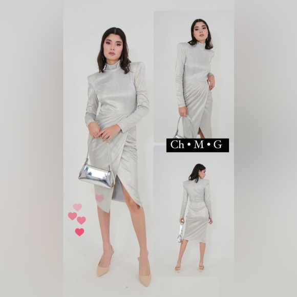 BLITHE Retro Silver/Golden long sleeve dress, size Medium, asymmetrical, BNWT - Picture 2 of 8